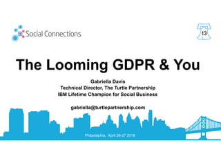 Philadelphia, April 26-27 2018
13
The Looming GDPR & You
Gabriella Davis
Technical Director, The Turtle Partnership
IBM Li...